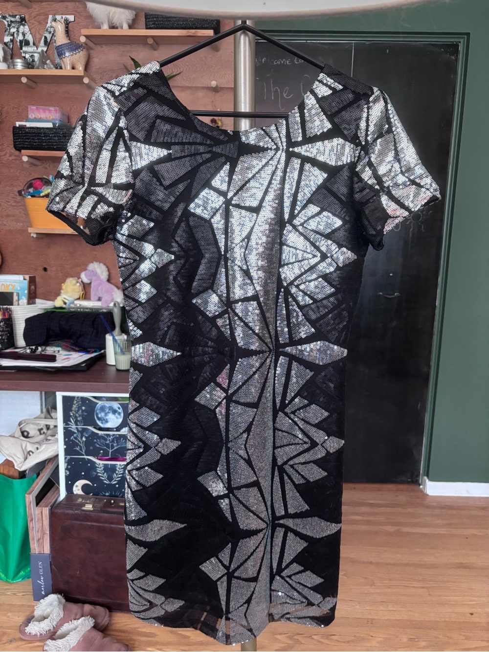 Noisy May Black & Silver Sequin Geometric Shift Dress